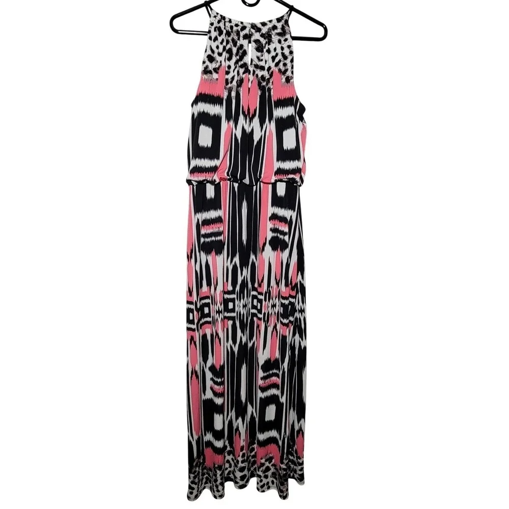 London Style Collection Women Maxi Dress 14‎ Black Pink White Geometric Halter
